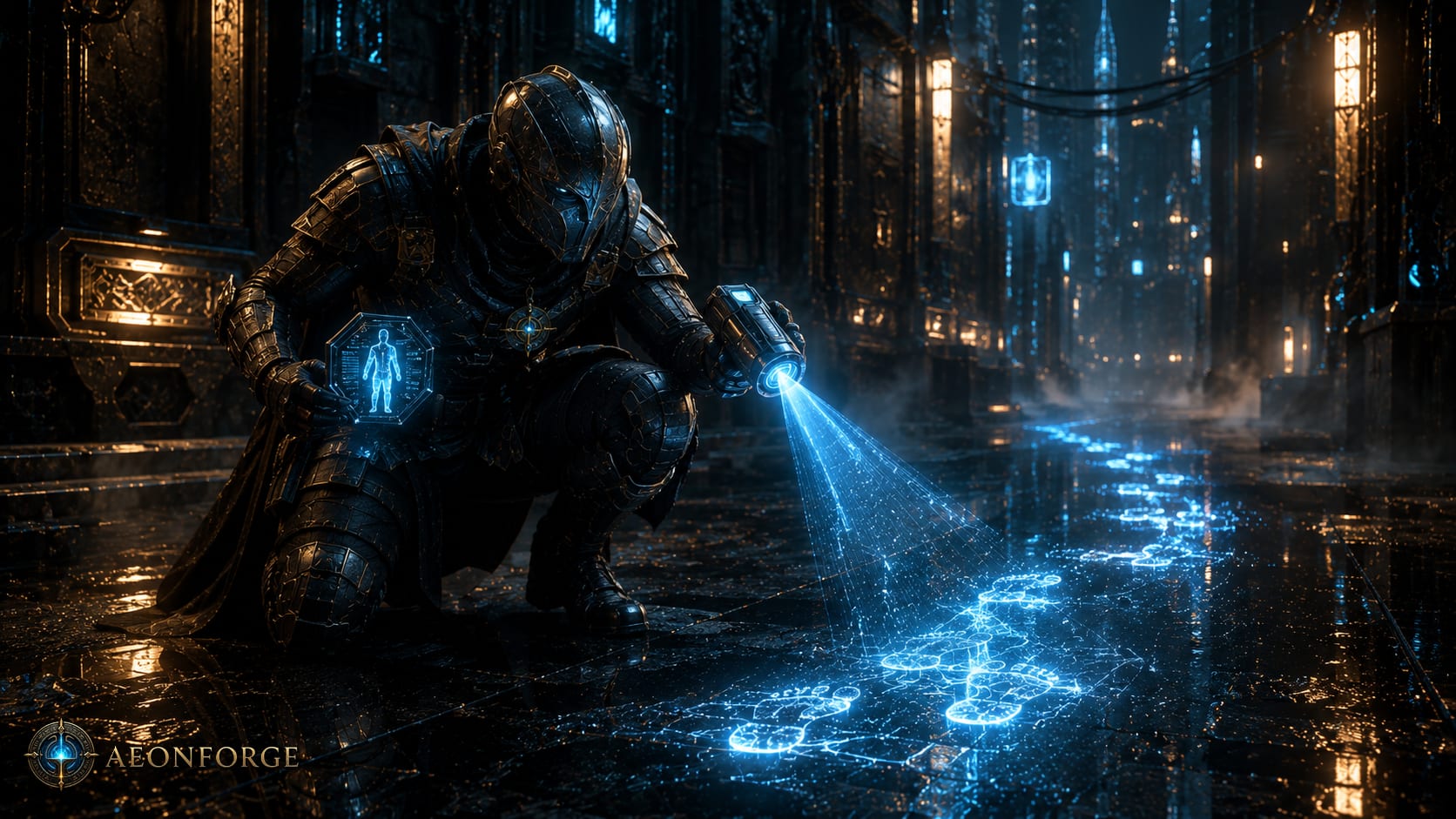 AI-generated concept art of a bounty hunter scanning a glowing forensic trail through a dark Citadel street