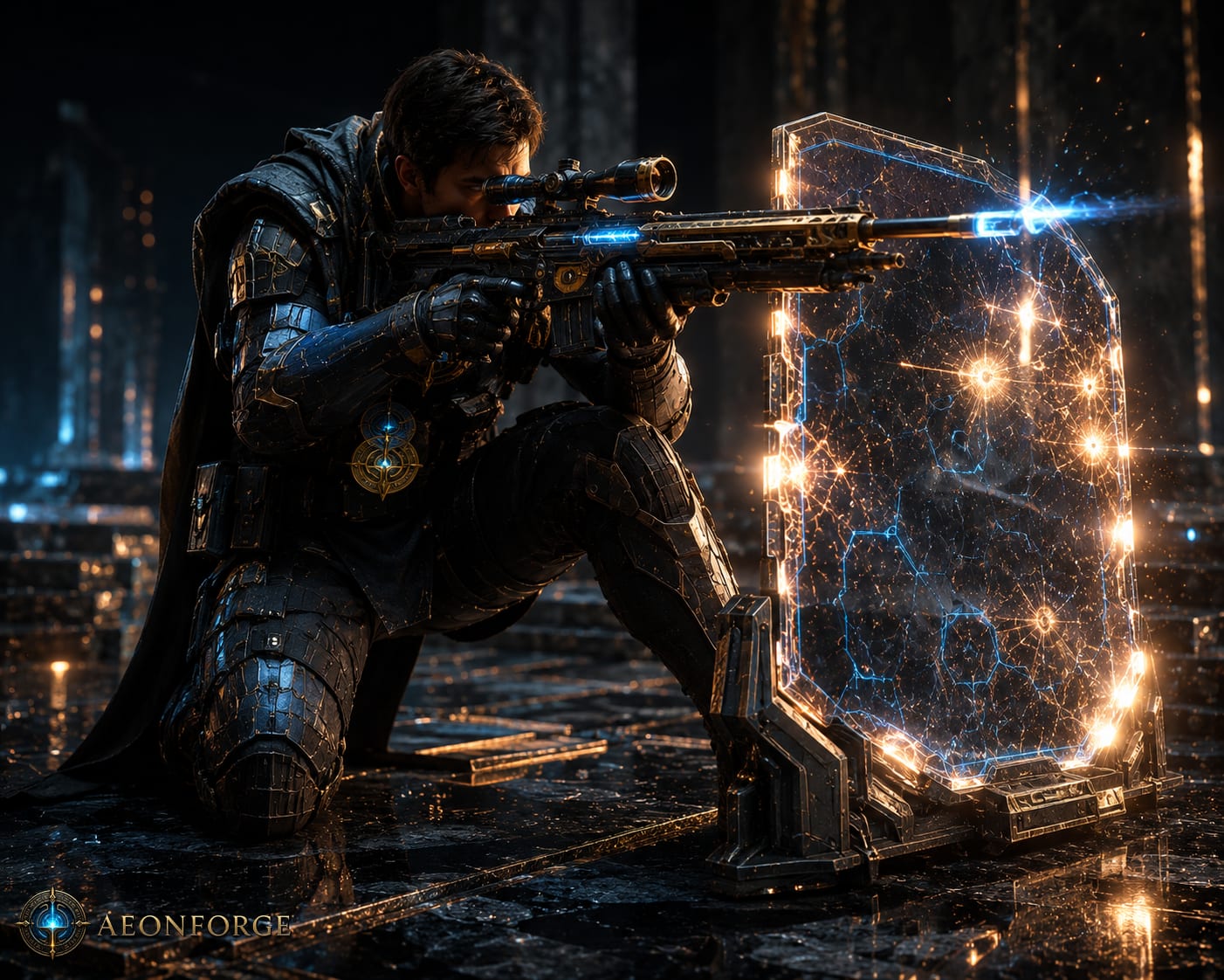 AI-generated concept art of a Human Sniper elite crouched behind a portable cover shield, firing a precision rifle