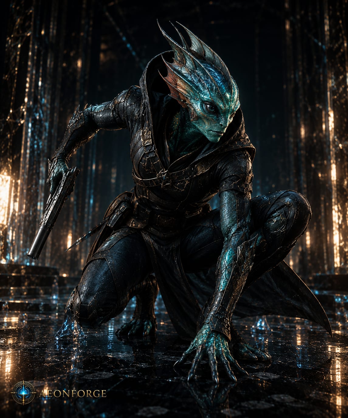 AI-generated concept art of a Khrell Spy crouched in shadow, pistol drawn, ready to strike