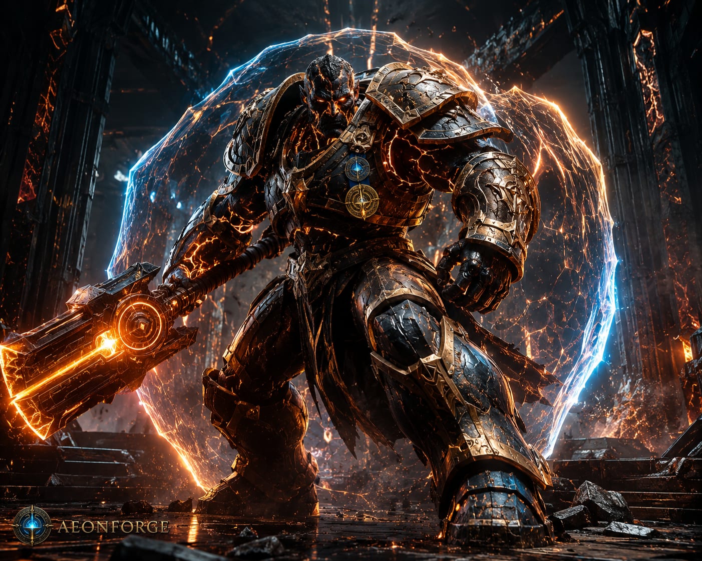 AI-generated concept art of a Zarath Juggernaut elite in heavy armor with energy weapons blazing