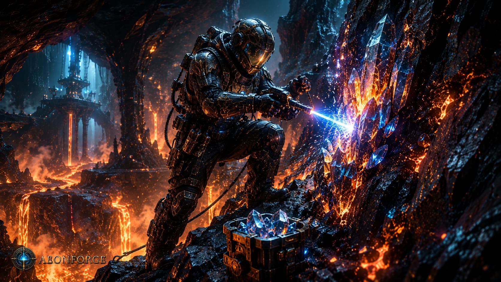 AI-generated concept art of a gatherer extracting rare glowing crystals from a volcanic cave, lava flowing nearby