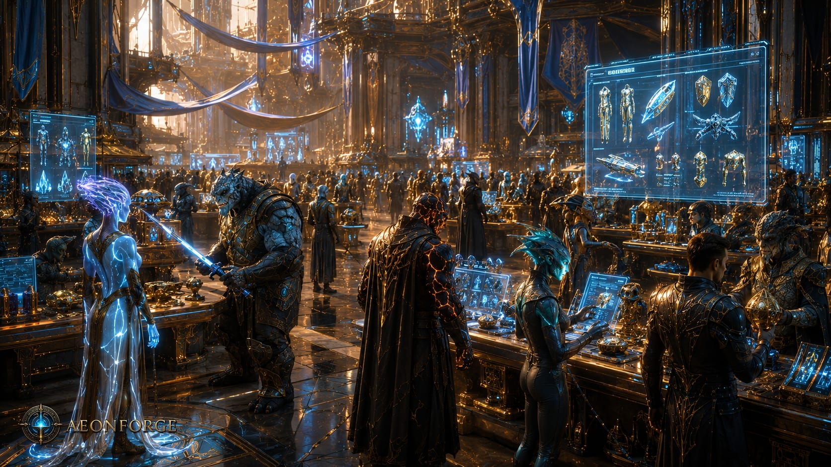 AI-generated concept art of the Citadel Auction House — a grand trading hall filled with diverse species browsing holographic displays