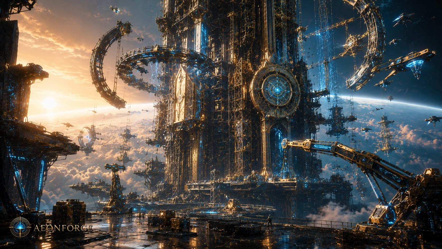 AI-generated concept art of an Architect's megastructure under construction in orbit, cranes and ships surrounding it