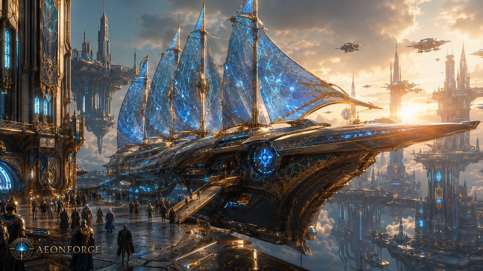AI-generated concept art of a massive player-crafted vessel with luminous sails docked at the Citadel skyport