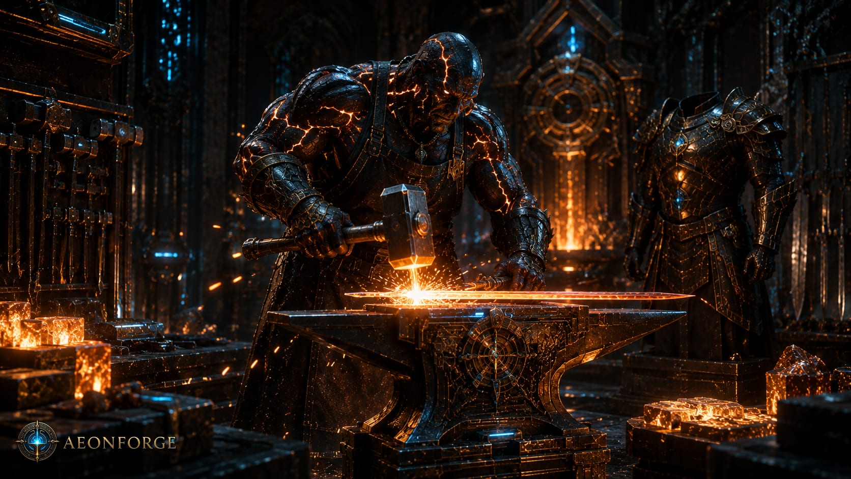 AI-generated concept art of a Zarath master crafter hammering molten metal at a forge, sparks flying