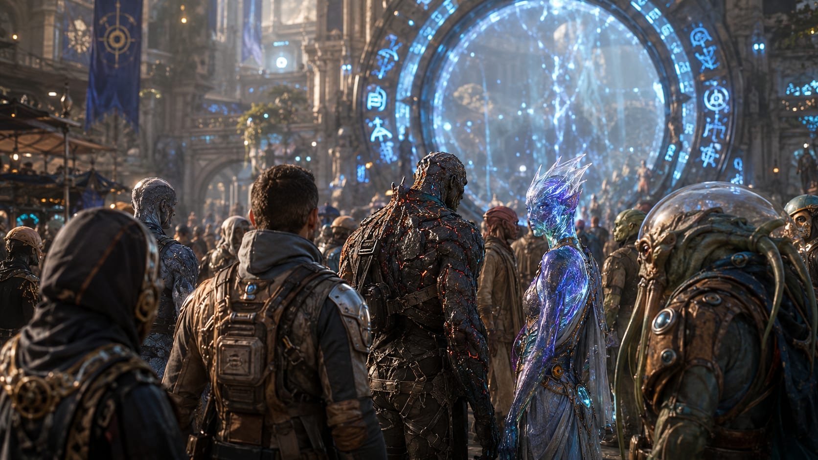 AI-generated concept art of a bustling crowd in the AeonForge citadel — diverse beings among luminous architecture