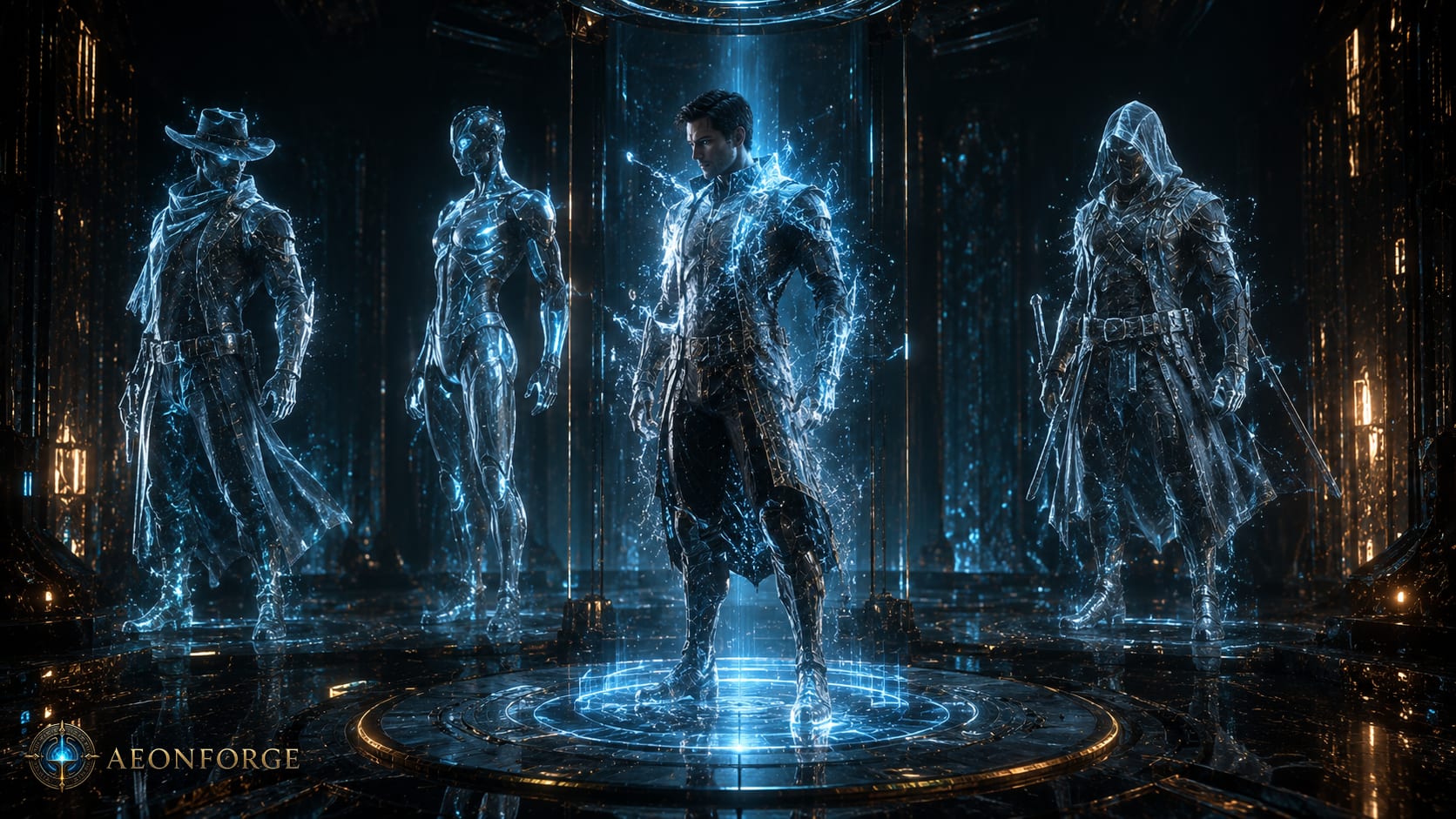 AI-generated concept art of the AeonForge disguise system — a figure surrounded by holographic identity overlays