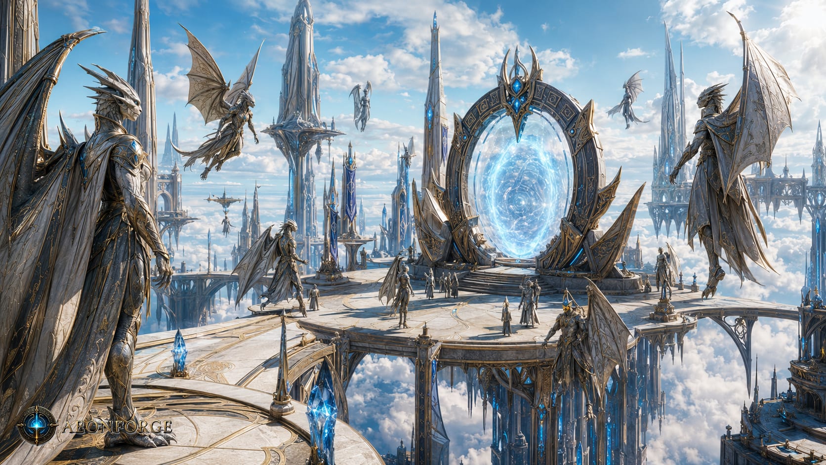AI-generated concept art of the Drakari Aeries — sky-level spires, perches, and portals above the clouds