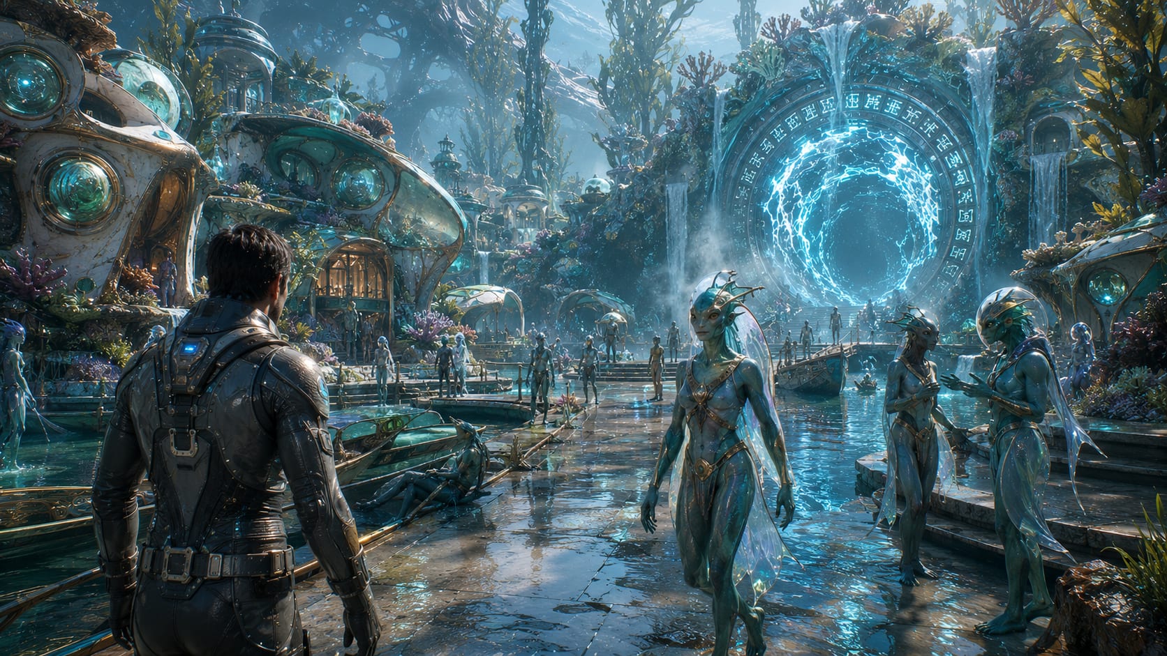 AI-generated concept art of the Khrell Waterfront — humid channels, coral, and mist