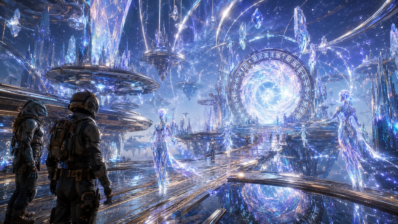 AI-generated concept art of the Luminai Spire — low-gravity crystal towers of living light