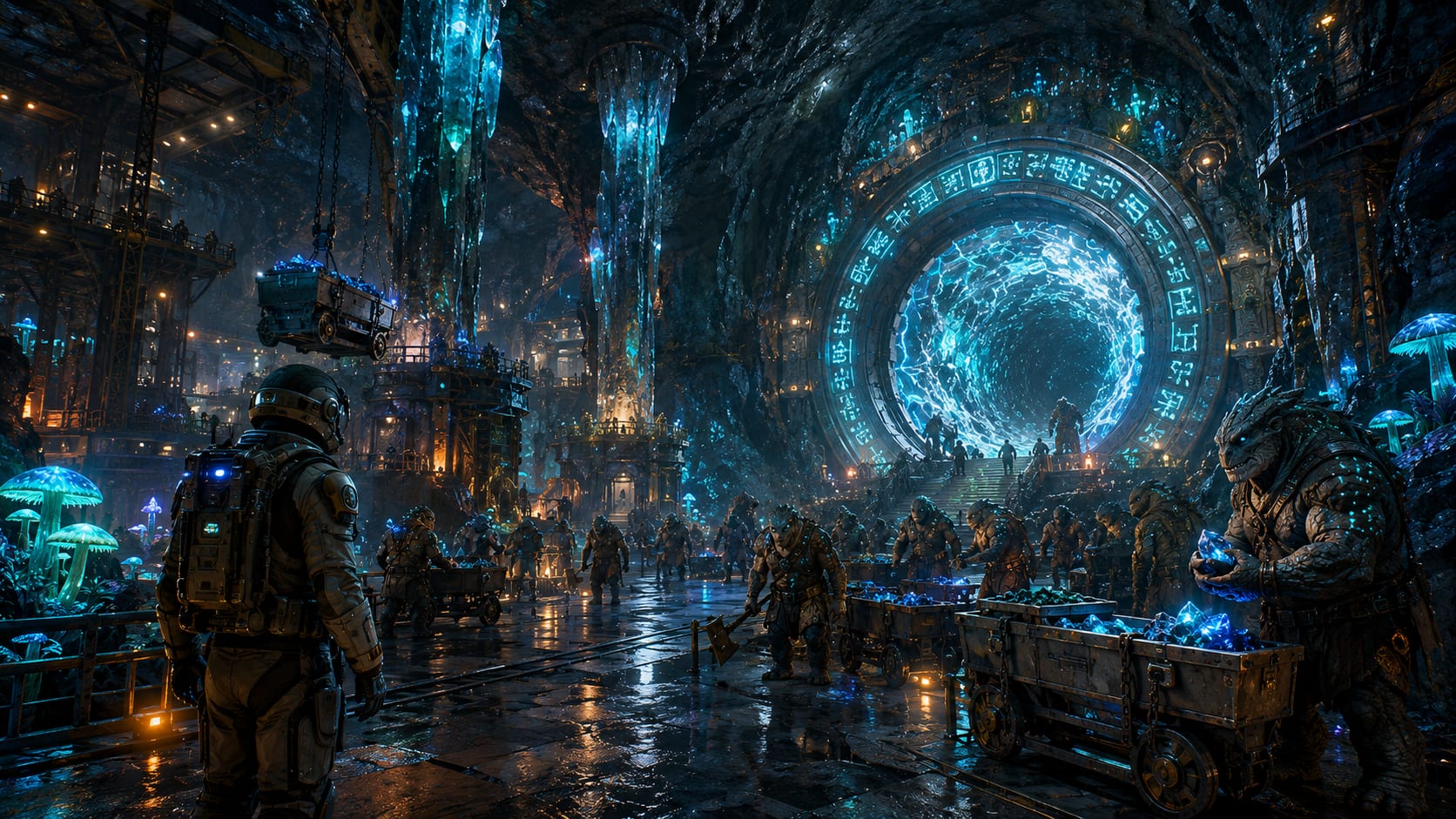 AI-generated concept art of the Vreek Caverns — high-pressure depths lit by bioluminescence