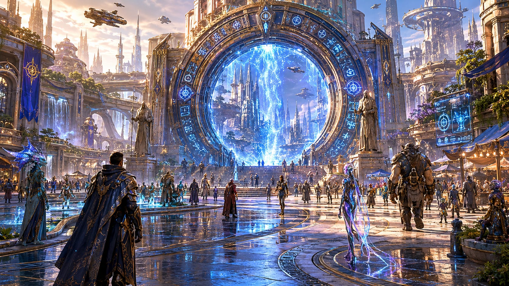 AI-generated concept art of the AeonForge Portal Plaza — a luminous city hub where gateways to countless worlds converge