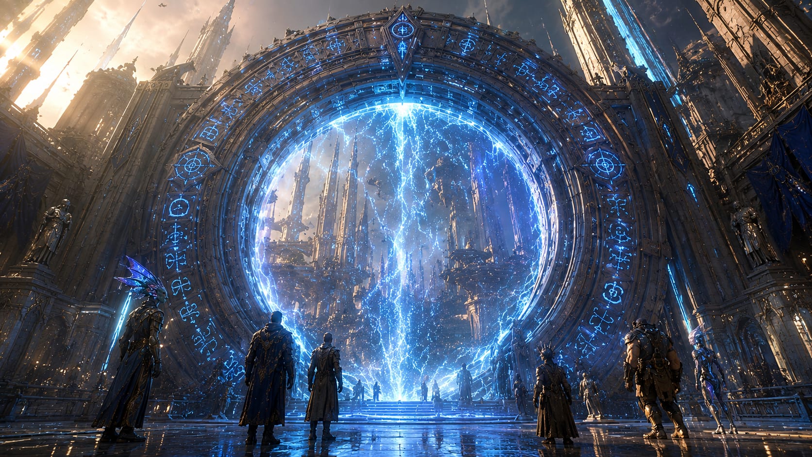 AI-generated concept art of the Citadel portal — a luminous gateway rising from the central plaza