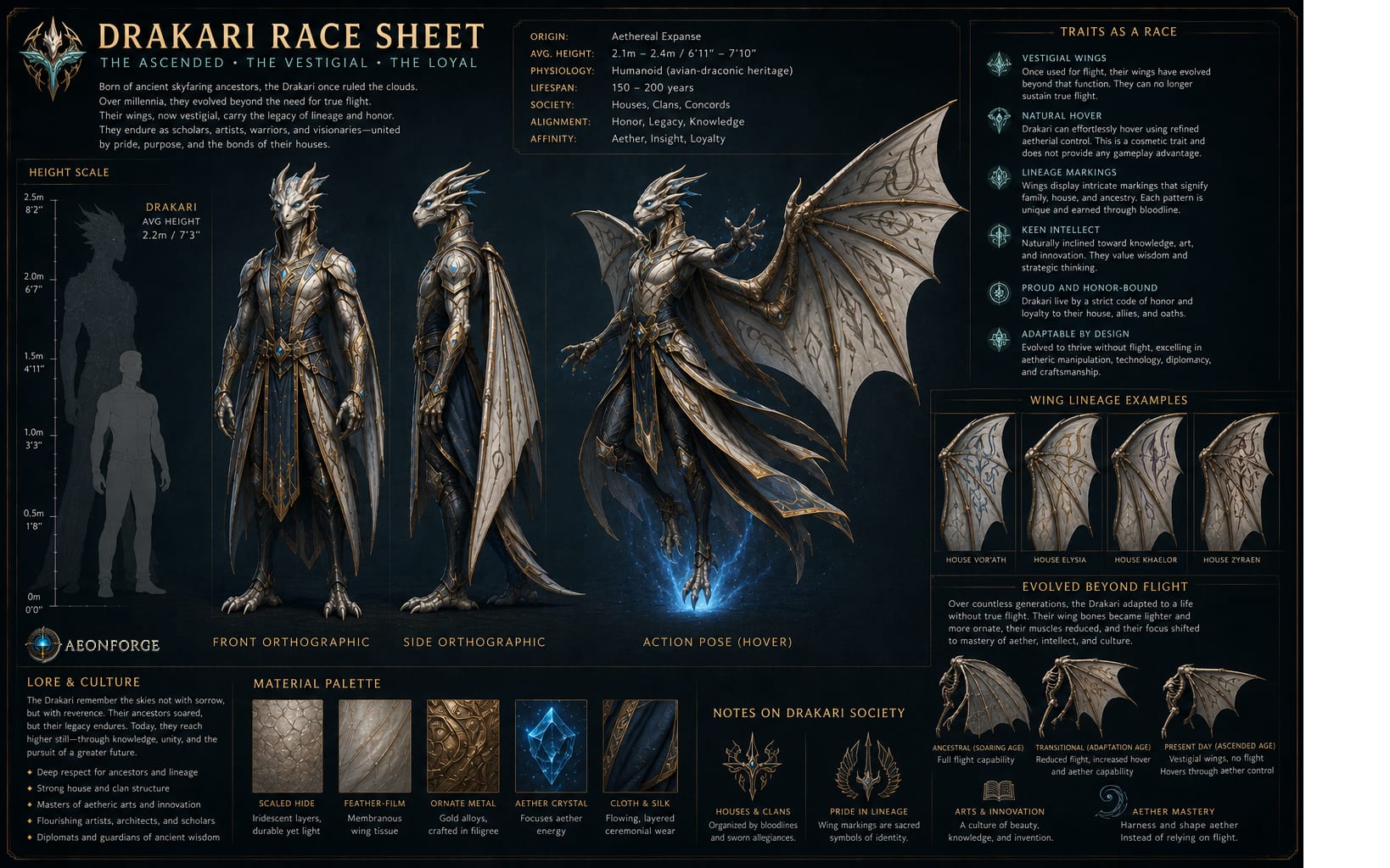 AI-generated concept art race sheet for Drakari — The Sky-Born