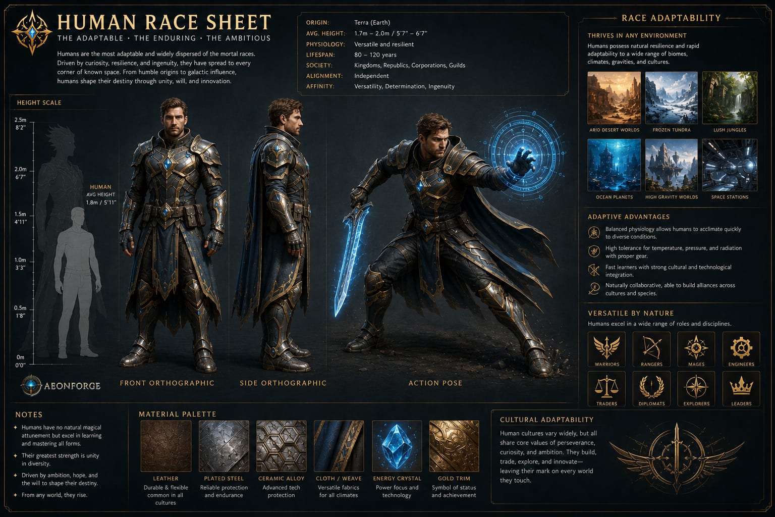 AI-generated concept art race sheet for Humans — The Adaptable