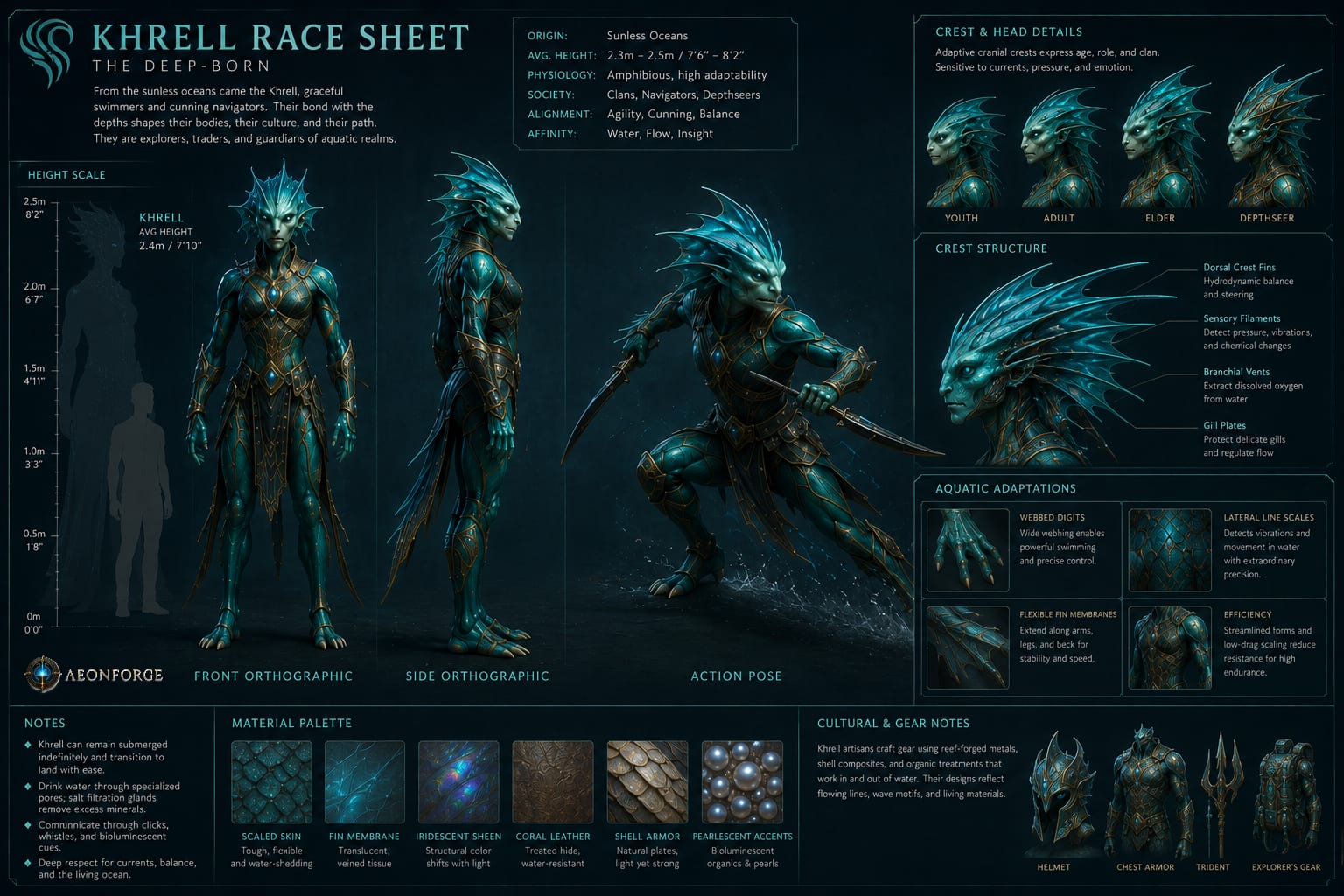 AI-generated concept art race sheet for Khrell — The Tide-Kin