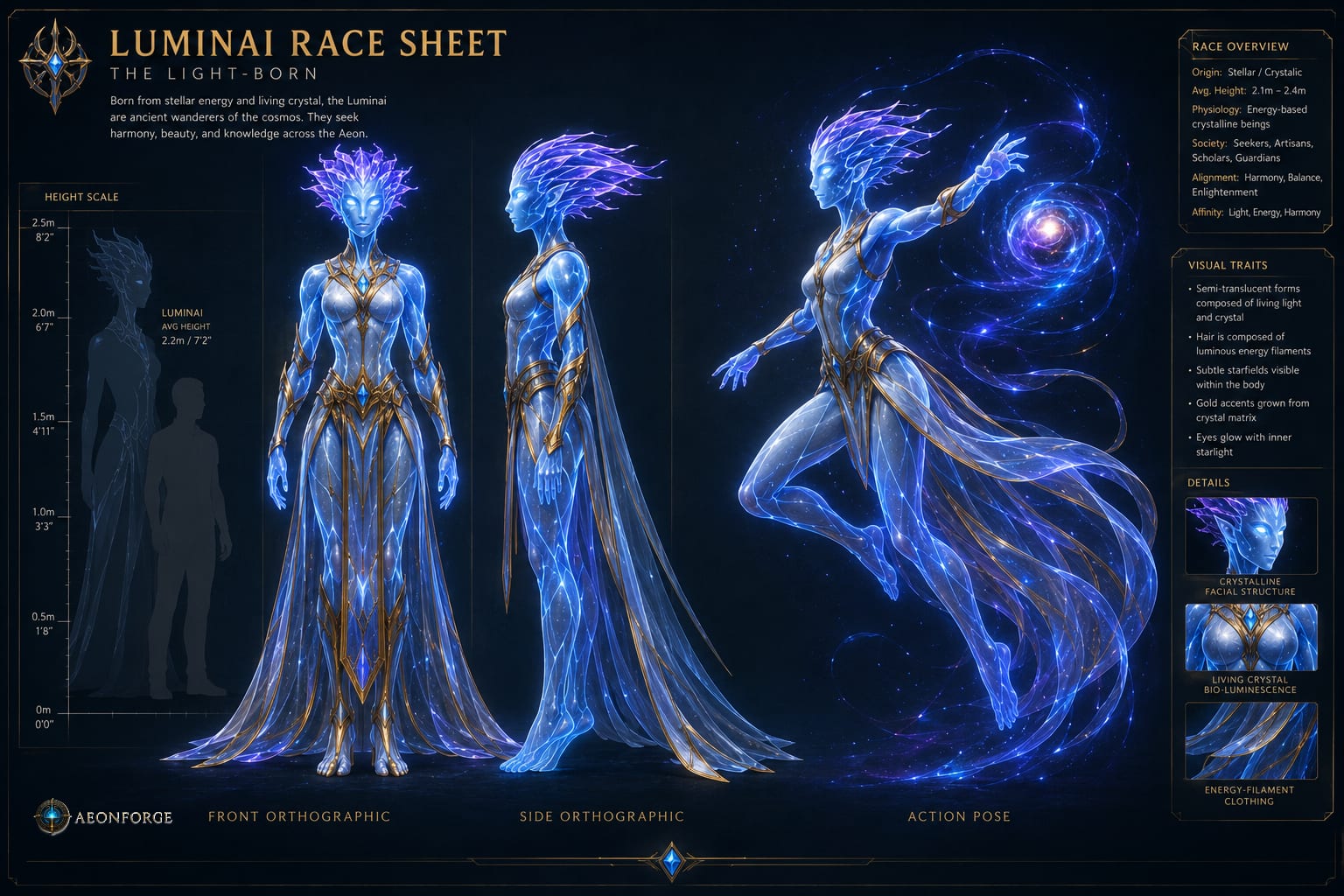 AI-generated concept art race sheet for Luminai — The Lightborn