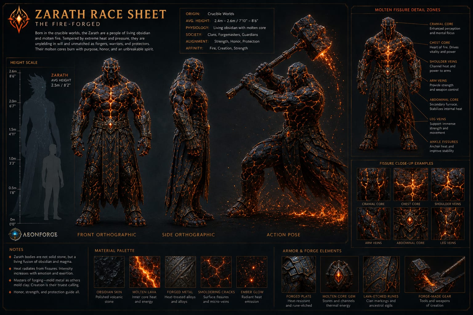 AI-generated concept art race sheet for Zarath — The Forge-Born